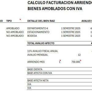 Planilla Calculo Base Afecta a IVA y Exenta Arriendo Bienes Raices Amoblados